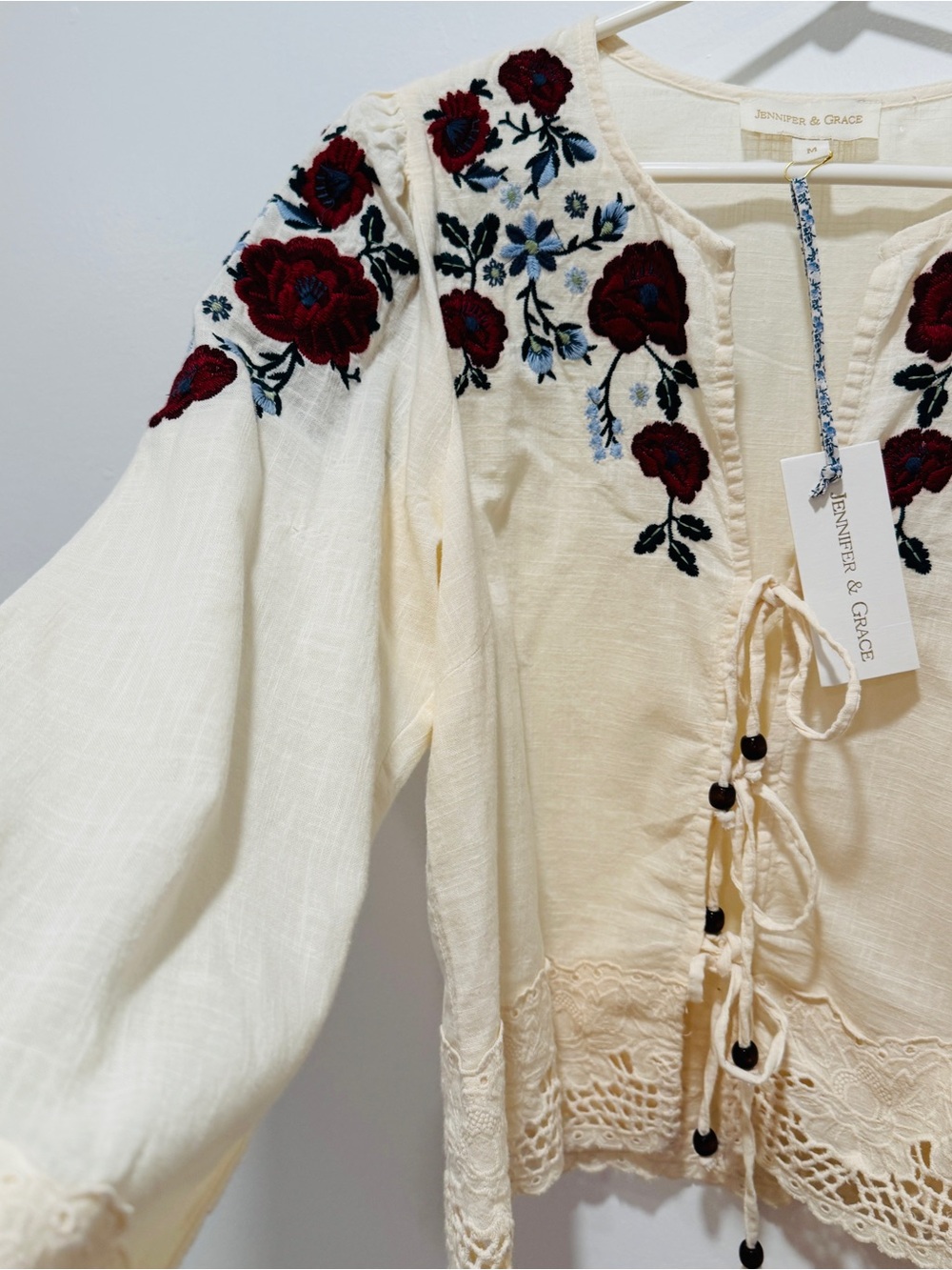 Jennifer & Grace Cream Embroidered Floral Lace-Trim Blouse - Picture 8 of 11